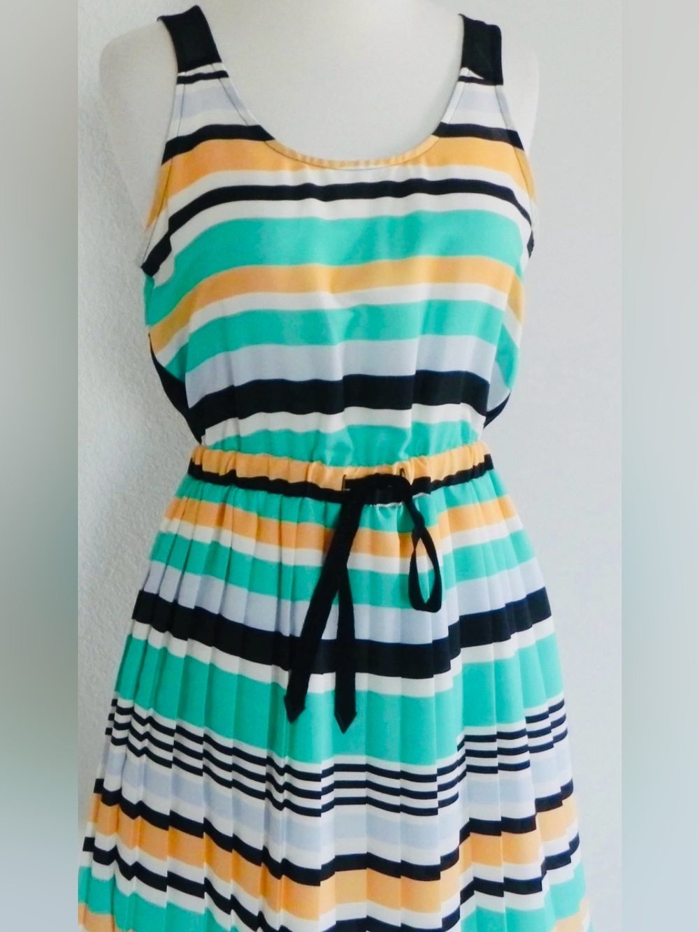 BCBGMaxAzria Girls' Striped Pleated Dress in Teal, Black & Peach